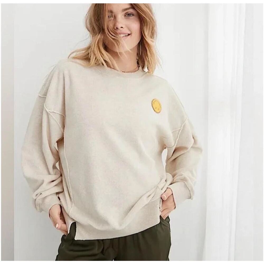 Aerie Oversized Soft Smiley Graphic Distressed Sweatshirt Oatmeal Peach XS